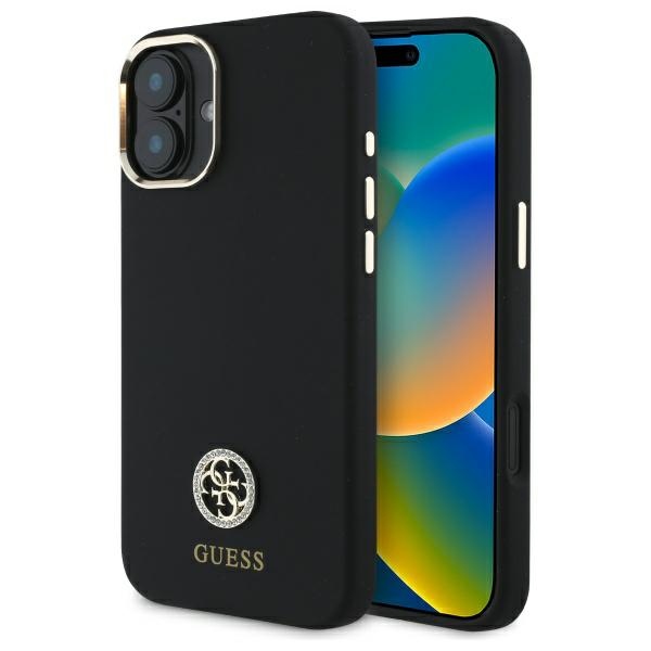Guess Silikoninen Logo Strass 4G suojakuori iPhone 16:lle - musta