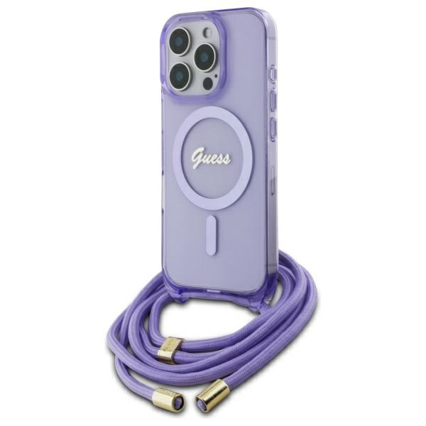 Guess Crossbody Cord Script MagSafe suojakuori iPhone 16 Pro:lle - violetti