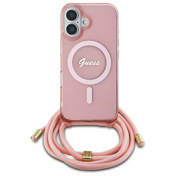 Guess Crossbody Cord Script MagSafe suojakuori iPhone 16:lle - vaaleanpunainen