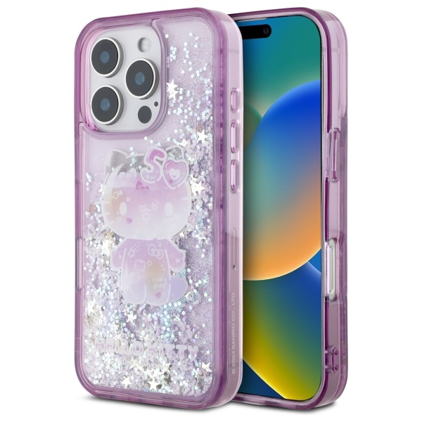 Hello Kitty Liquid Glitter 50TH Anniversary Party Suojakuori iPhone 16 Pro Max:lle - violetti