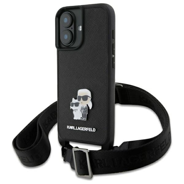 Karl Lagerfeld Saffiano Karl&Choupette Metal Pin CBDY hihna suojakuori iPhone 16:lle - musta