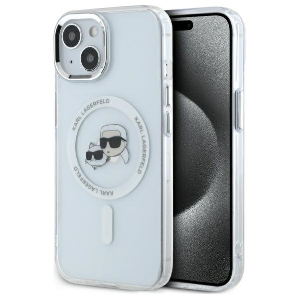 Karl Lagerfeld IML Metal Karl&Choupette Head MagSafe suojakuori iPhone 14:lle - valkoinen