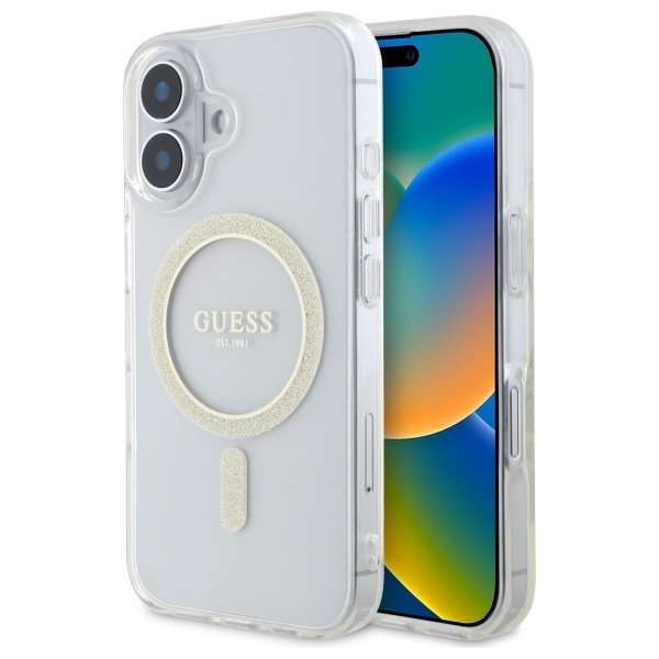Guess GUHMP16MHFGERET iPhone 16 Plus 6.7" läpinäkyvä kovakuori IML Glitter Circle MagSafe