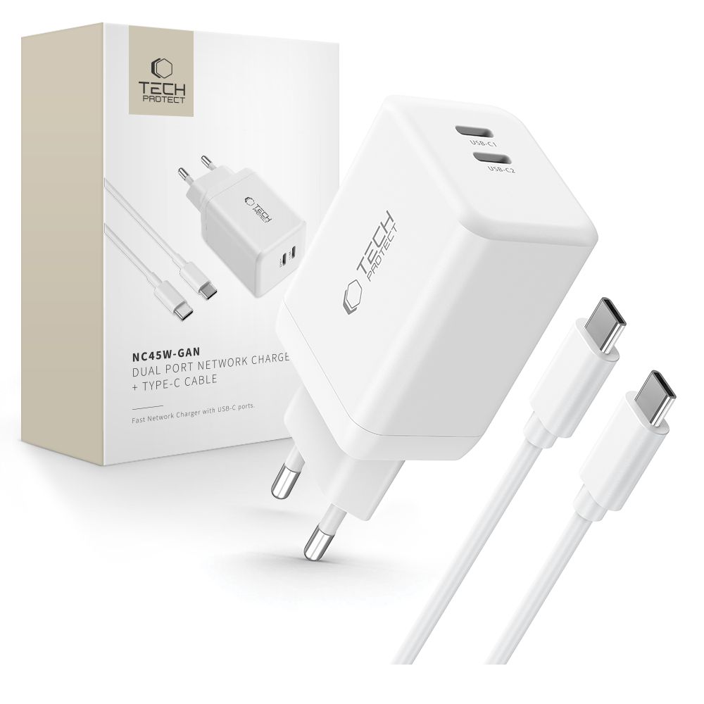 Tech-Protect NC45W-GAN 2-PORT PD45W Charger + TYPE-C CABLE - white