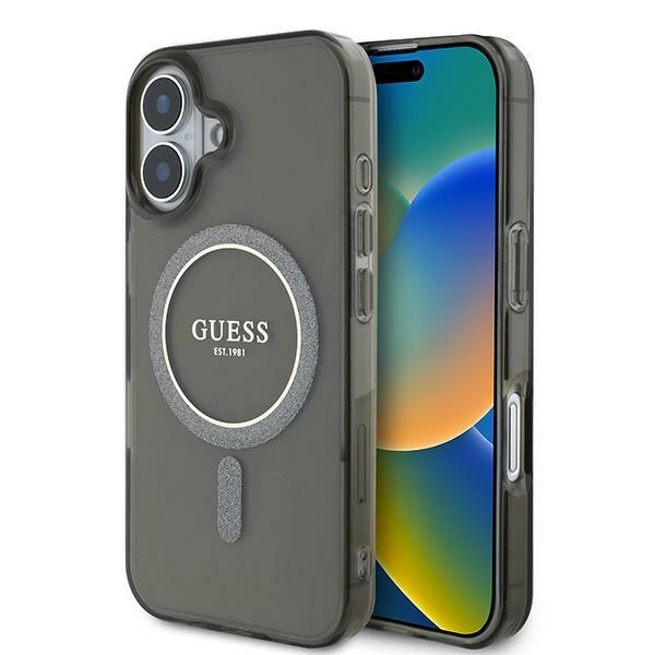 Guess IML Glitter Circle MagSafe suojakuori iPhone 16:lle - musta
