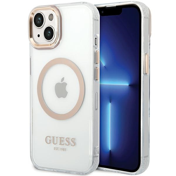Guess Metal Outline MagSafe Suojakuori iPhone 15 Plus / 14 Plus:lle - kultainen