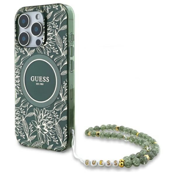Guess IML Flowers Allover Electro With Pearl Hihna MagSafe Suojakuori iPhone 16 Pro Max:lle - vihreä