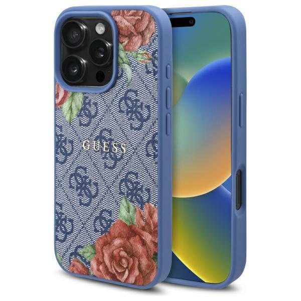 Guess 4G Flowers Print MagSafe Suojakuori iPhone 16 Pro Max:lle - sininen