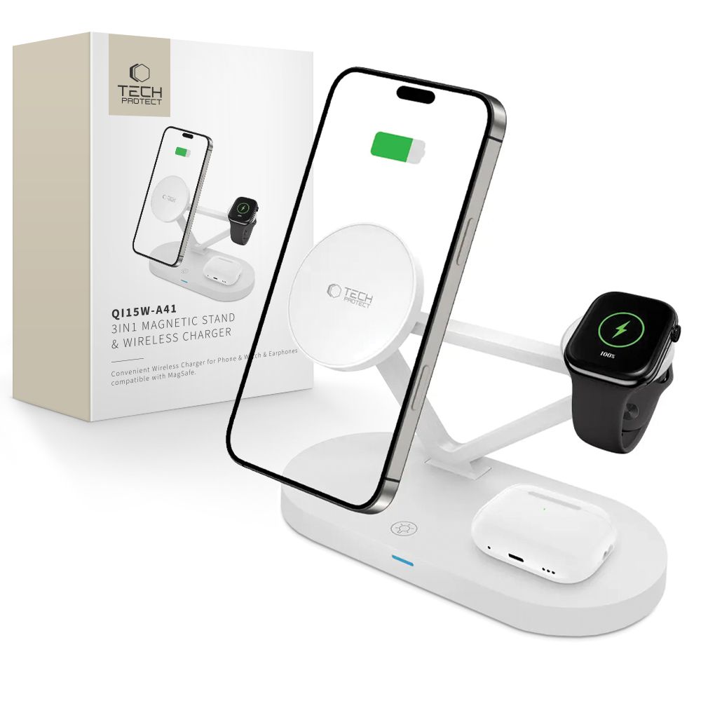 Tech-Protect QI15W-A41 3in1 Langaton laturi MagSafella Apple-laitteille - Valkoinen