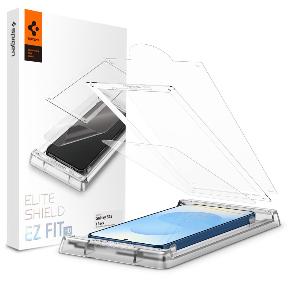 Spigen Elite Shield Ez Fit Samsung Galaxy S25 -puhelimelle läpinäkyvä