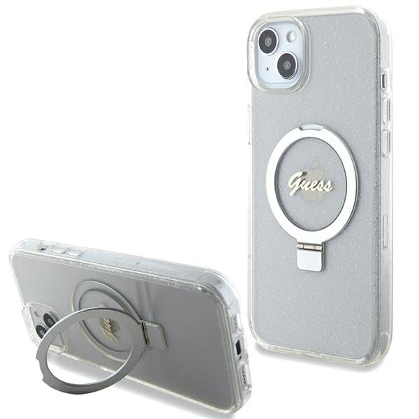 Guess GUHMP15MHRSGSD iPhone 15 Plus / 14 Plus 6.7" Läpinäkyvä/Läpinäkyvä Kova Suojakuori Ring Stand Script Glitter MagSafe