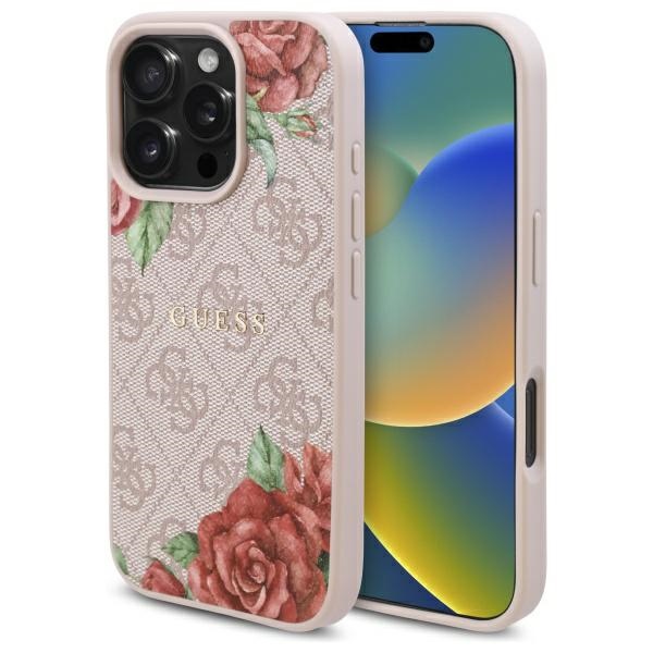 Guess GUHMP16LP4ROPEMCP iPhone 16 Pro 6.3" Vaaleanpunainen/Vaaleanpunainen Kova Suojakuori 4G Flowers Print MagSafe