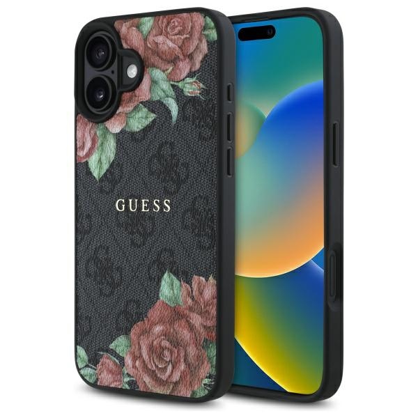 Guess GUHMP16SP4ROPEMCK iPhone 16 6.1" Musta/Musta Kova Suojakuori 4G Flowers Print MagSafe