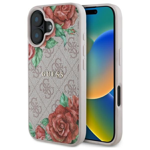 Guess GUHMP16SP4ROPEMCP iPhone 16 6.1" Vaaleanpunainen/Vaaleanpunainen Kova Suojakuori 4G Flowers Print MagSafe