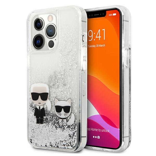 Karl Lagerfeld Liquid Glitter Karl & Choupette Suojakuori iPhone 13 Pro / 13 6.1" - Hopeinen