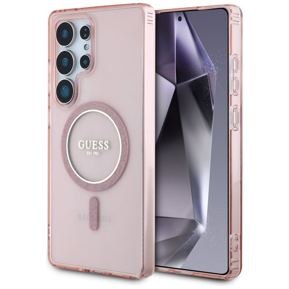 Guess Glitter Circle Classic Logo MagSafe -suojakuori Samsung Galaxy S25 Ultra pinkki