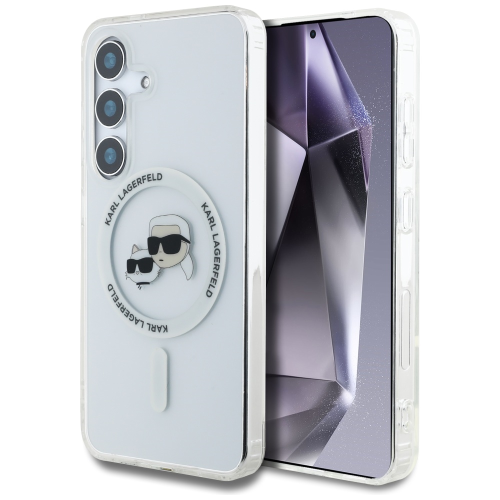 Karl Lagerfeld Button Karl & Choupette Heads Printed Logo MagSafe Suojakuori Samsung Galaxy S25 Valkoinen