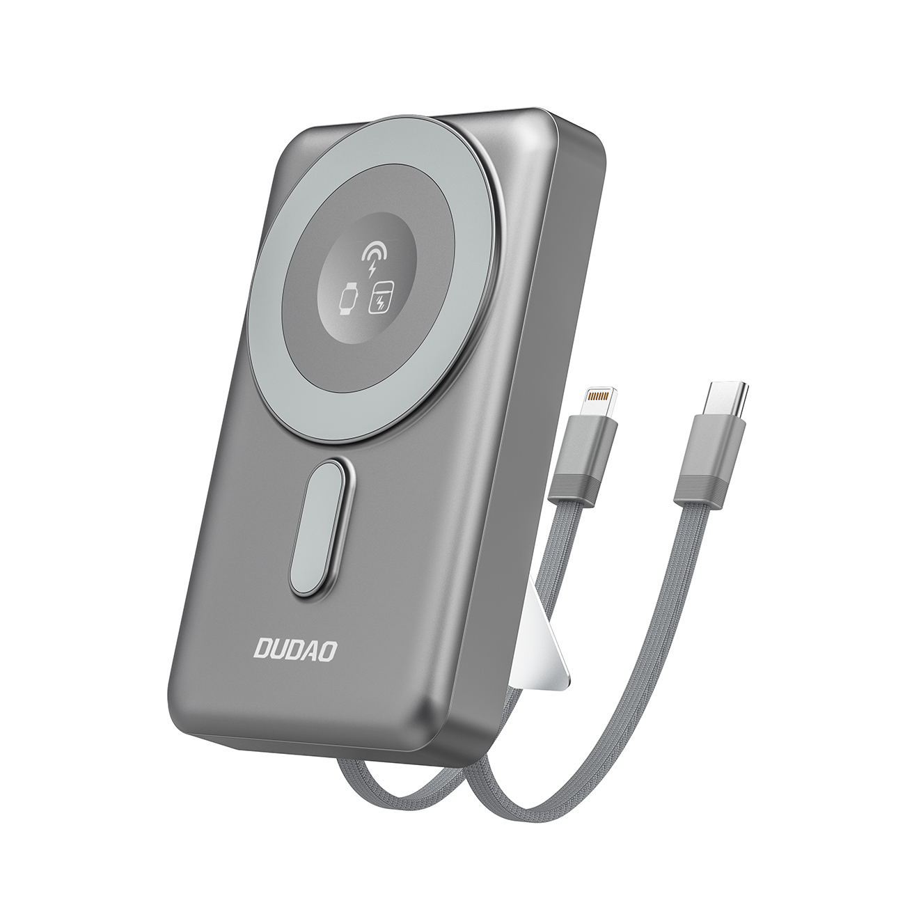 Dudao K29 10000mAh PD 20W MagSafe Power Bank with Metal Case, Stand and Built-in USB-C/ Lightning Cables - Gray