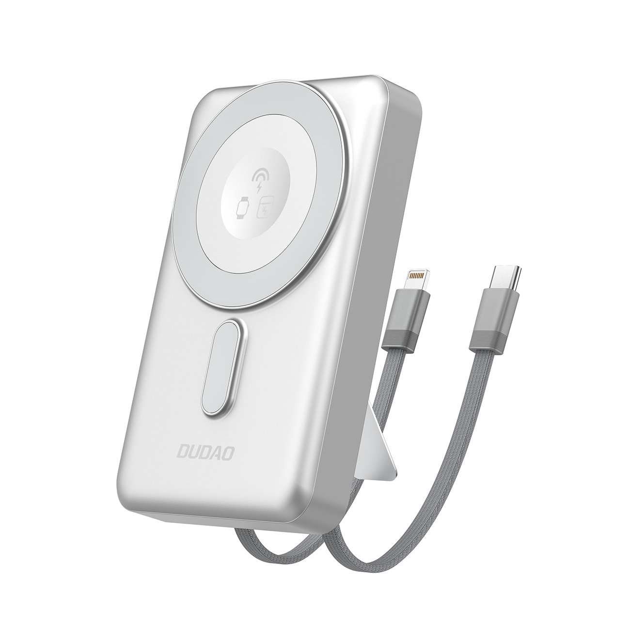 Dudao K29 10000mAh PD 20W MagSafe Powerbank metallikotelolla, jalustalla ja sisäänrakennetuilla USB-C / Lightning-kaapeleilla - hopea