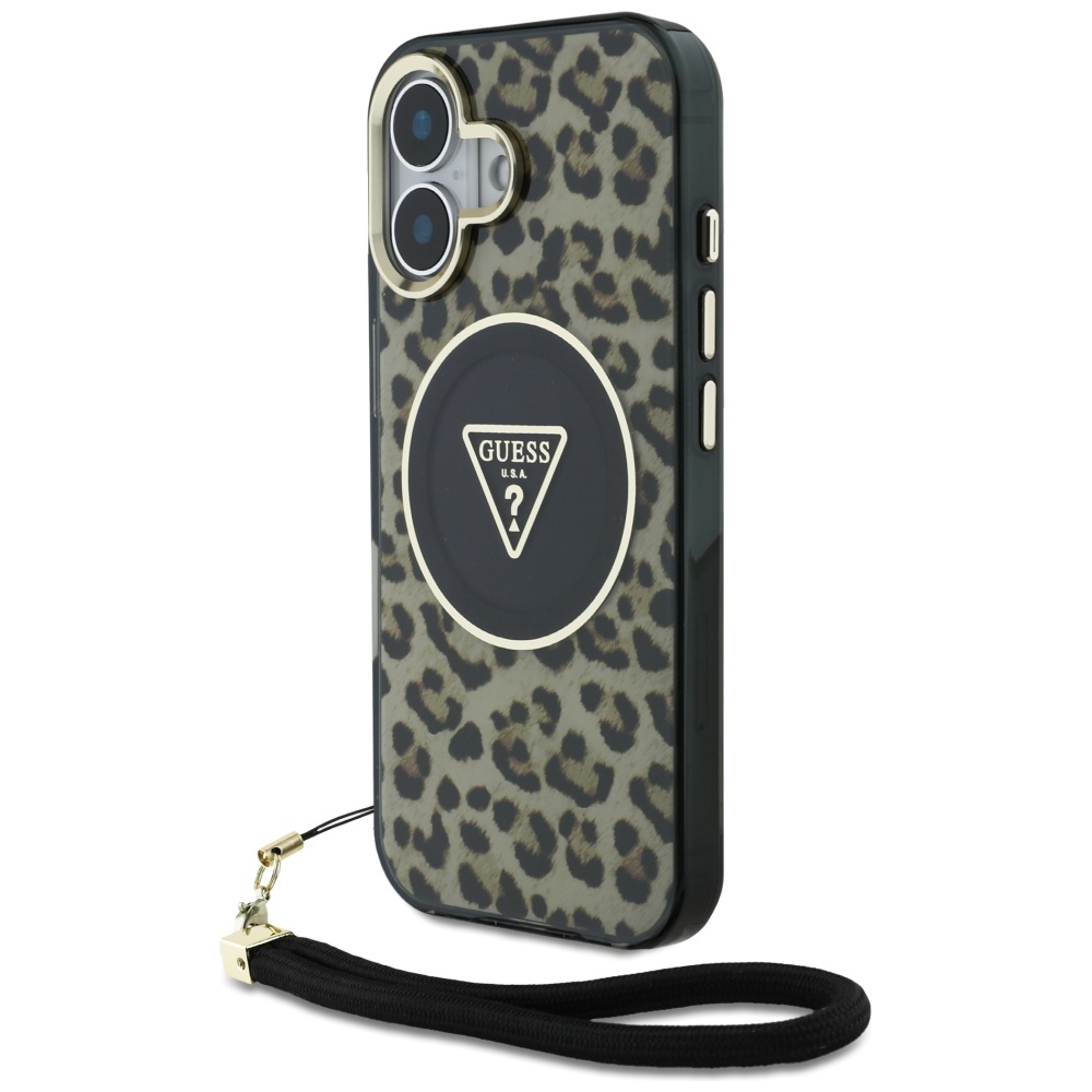 Guess HC IML Leopard Triangle Cord Strap MagSafe Suojakuori iPhone 16:lle - ruskea