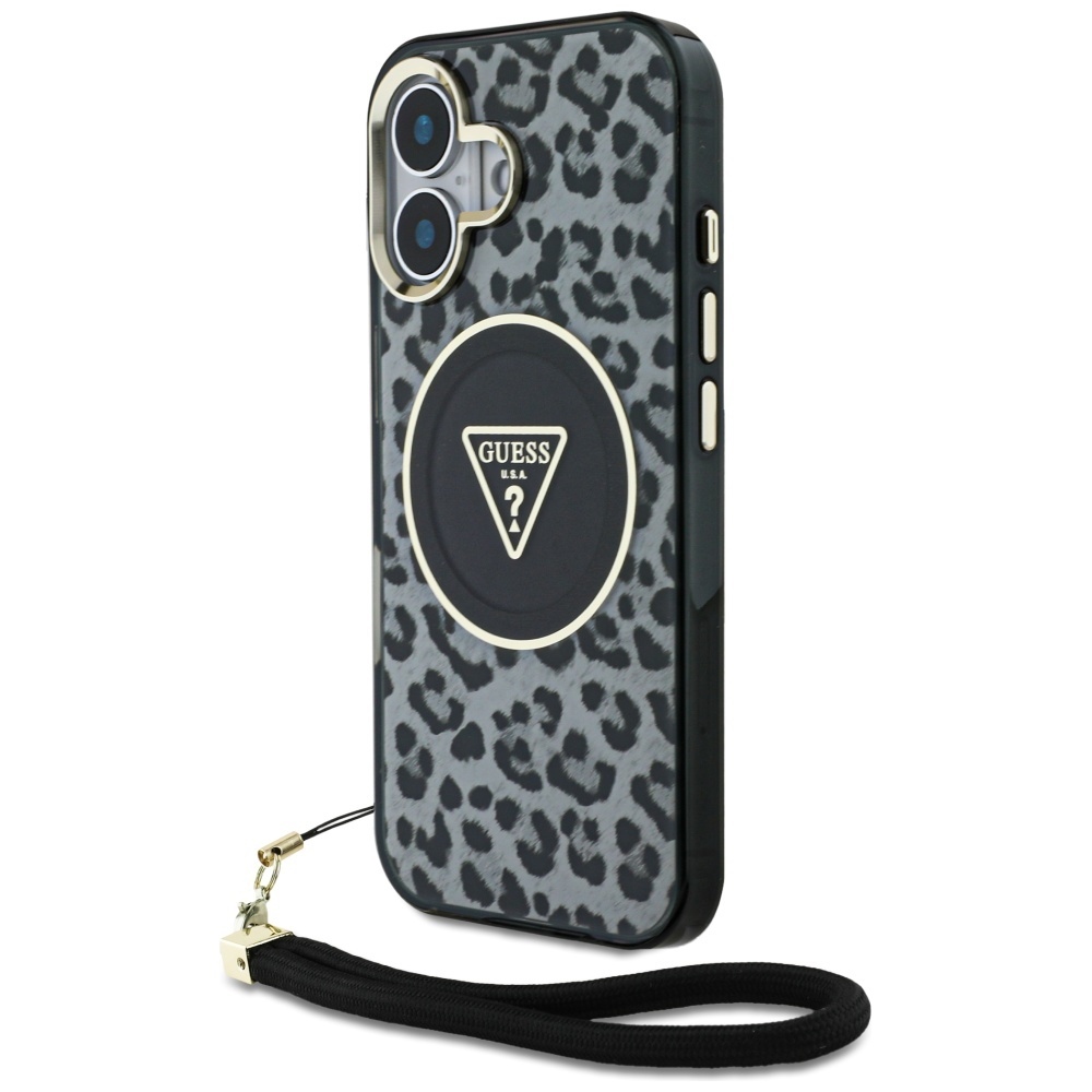 Guess HC IML Leopard Triangle Cord Strap MagSafe Suojakuori iPhone 16:lle - musta