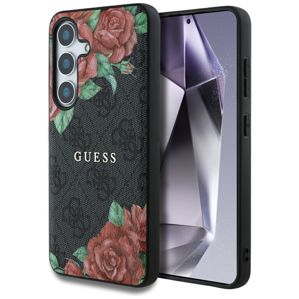 Guess Nahkainen 4G Flowers Print Metal Classic Logo MagSafe Suojakuori Samsung Galaxy S25:lle - musta