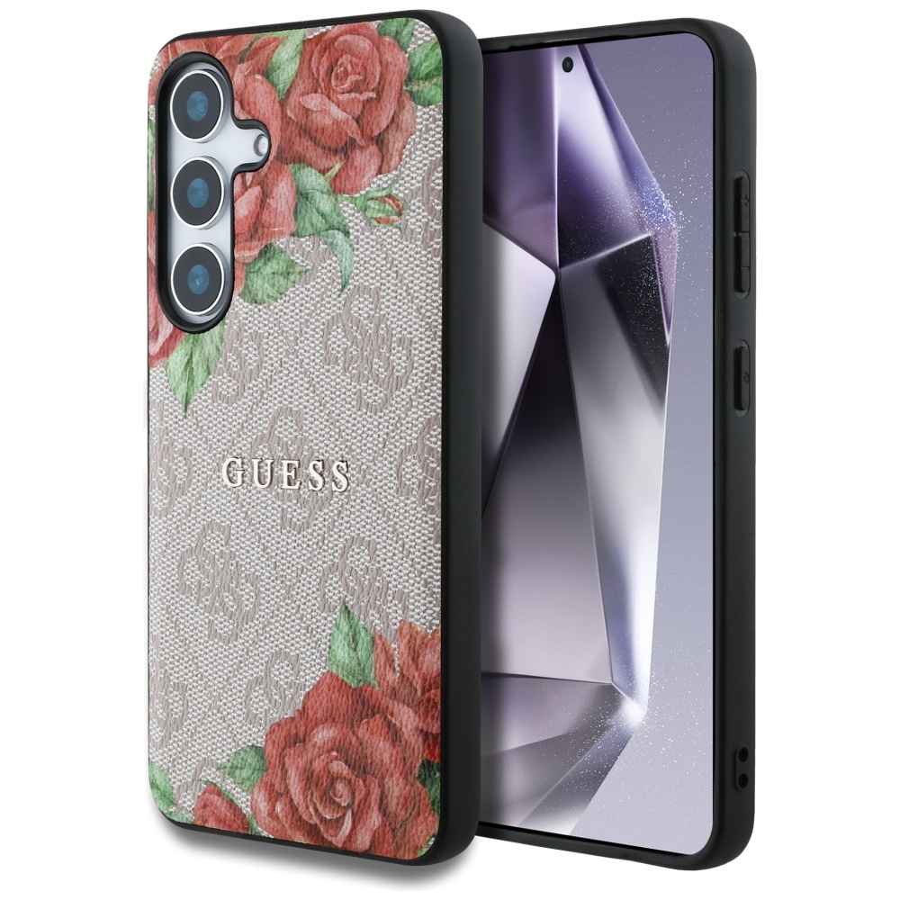 Guess Nahkainen 4G Flowers Print Metal Classic Logo MagSafe Suojakuori Samsung Galaxy S25:lle - vaaleanpunainen