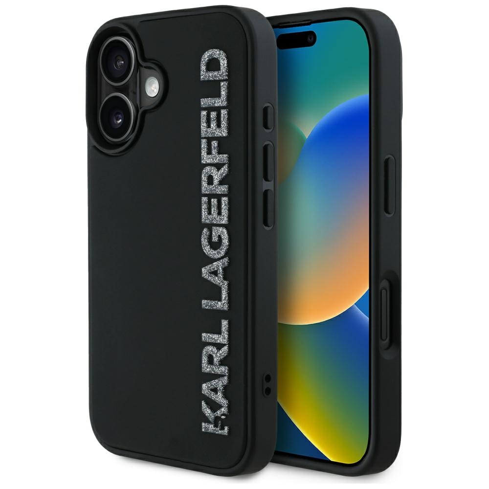 Karl Lagerfeld HC 3D Rubber Elongated Glitter Suojakuori iPhone 16:lle - musta