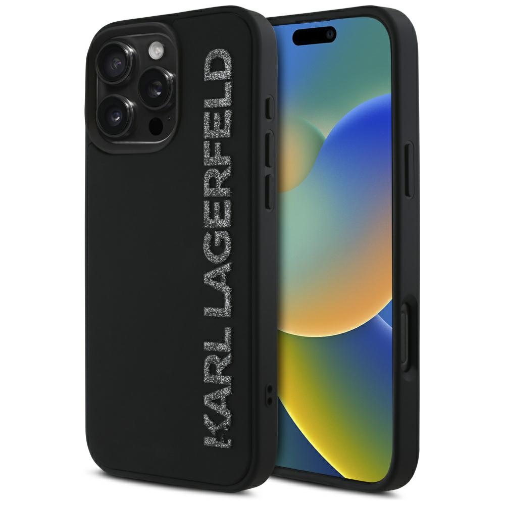 Karl Lagerfeld HC 3D Rubber Elongated Glitter Suojakuori iPhone 16 Prolle - musta