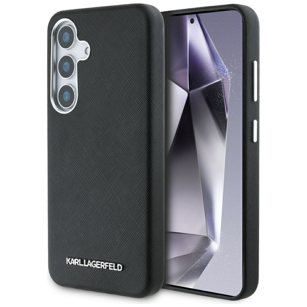 Karl Lagerfeld Saffiano Full Wrapped Elongated Metal Logo MagSafe Suojakuori Samsung Galaxy S25:lle - musta