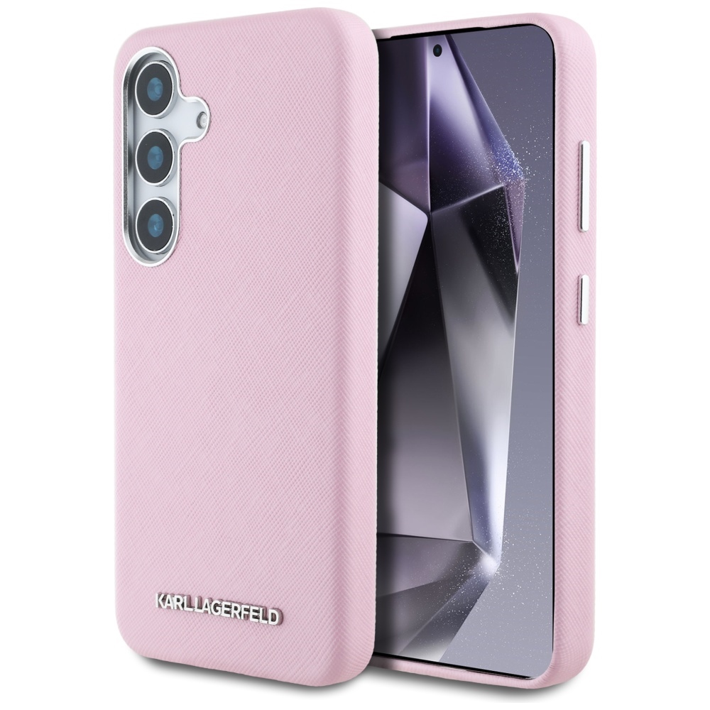 Karl Lagerfeld Saffiano Full Wrapped Elongated Metal Logo MagSafe Suojakuori Samsung Galaxy S25:lle - vaaleanpunainen