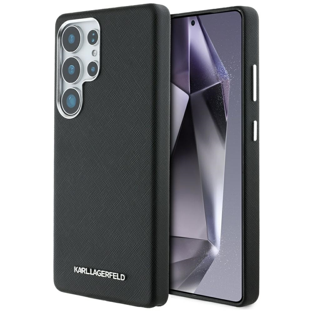 Karl Lagerfeld Saffiano Full Wrapped Elongated Metal Logo MagSafe Suojakuori Samsung Galaxy S25 Ultralle - musta