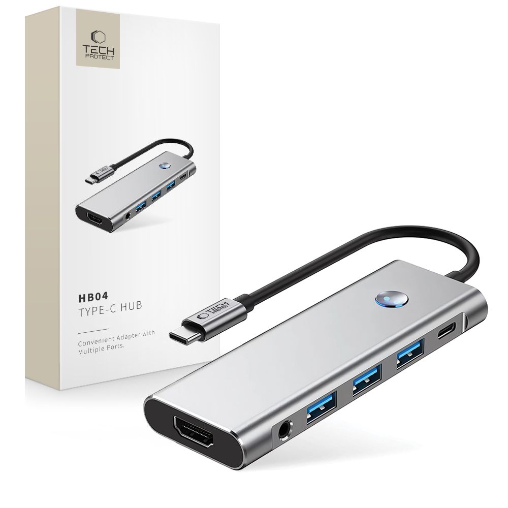 Tech-Protect HB04 HUB Sovitin 9in1 USB-C + USB2.0 + USB3.0 + HDMI 4K 60Hz + SD / TF + PD100W + AV3.5 - harmaa
