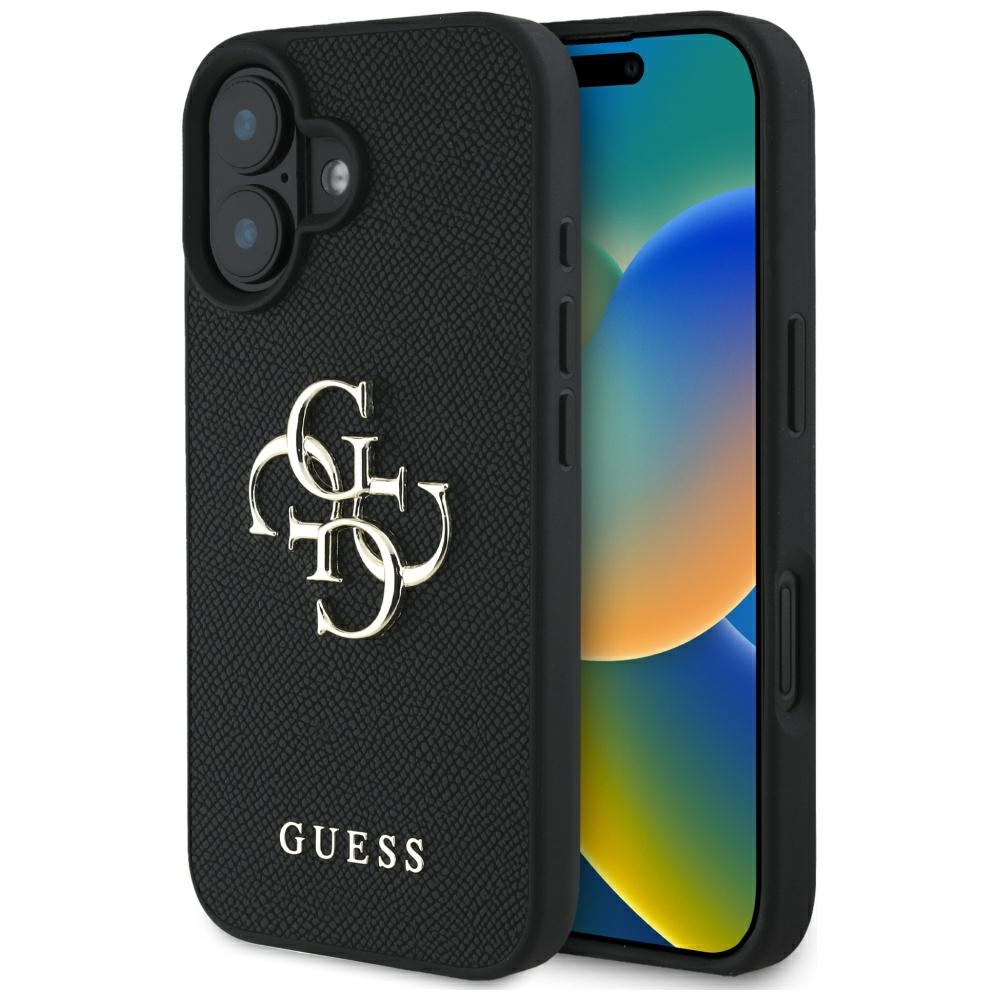 Guess Grained Big 4G Logo Small Classic Logo suojakuori iPhone 16:lle - musta