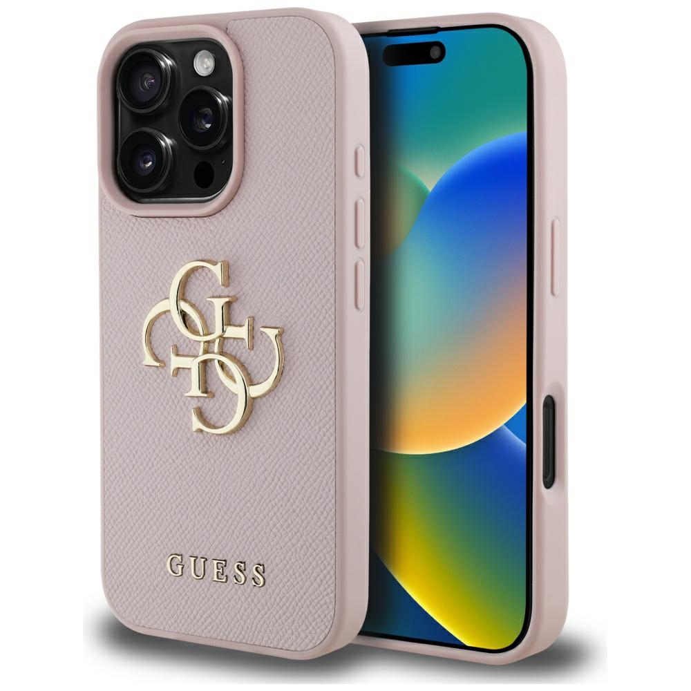 Guess Grained Big 4G Logo Small Classic Logo Suojakuori iPhone 16 Prolle - vaaleanpunainen