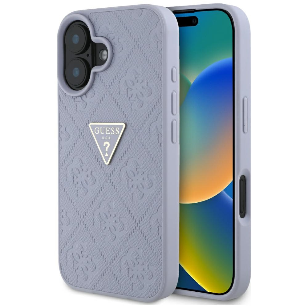 Guess Hot Stamp 4G Pattern Triangle Metal Logo iPhone 16 Suojakuori - violetti