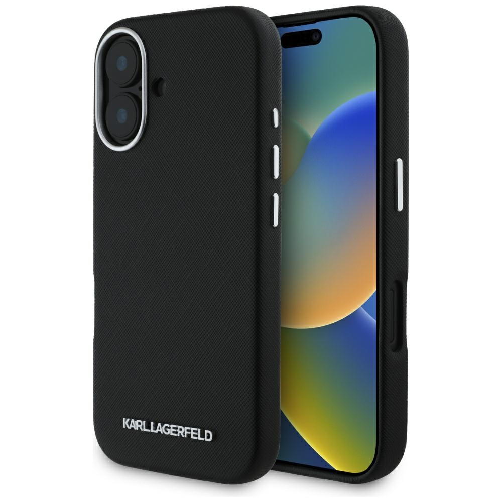 Karl Lagerfeld Saffiano Full Wrapped Elongated Metal Logo MagSafe Suojakuori iPhone 16:lle - musta