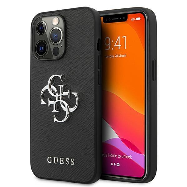 Guess Saffiano 4G Metal Logo suojakuori iPhone 13 Pro / 13 6.1":lle - musta