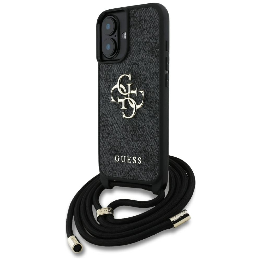 Guess 4G Big Logo Cord Stap Crossbody Case for iPhone 16 Plus Black