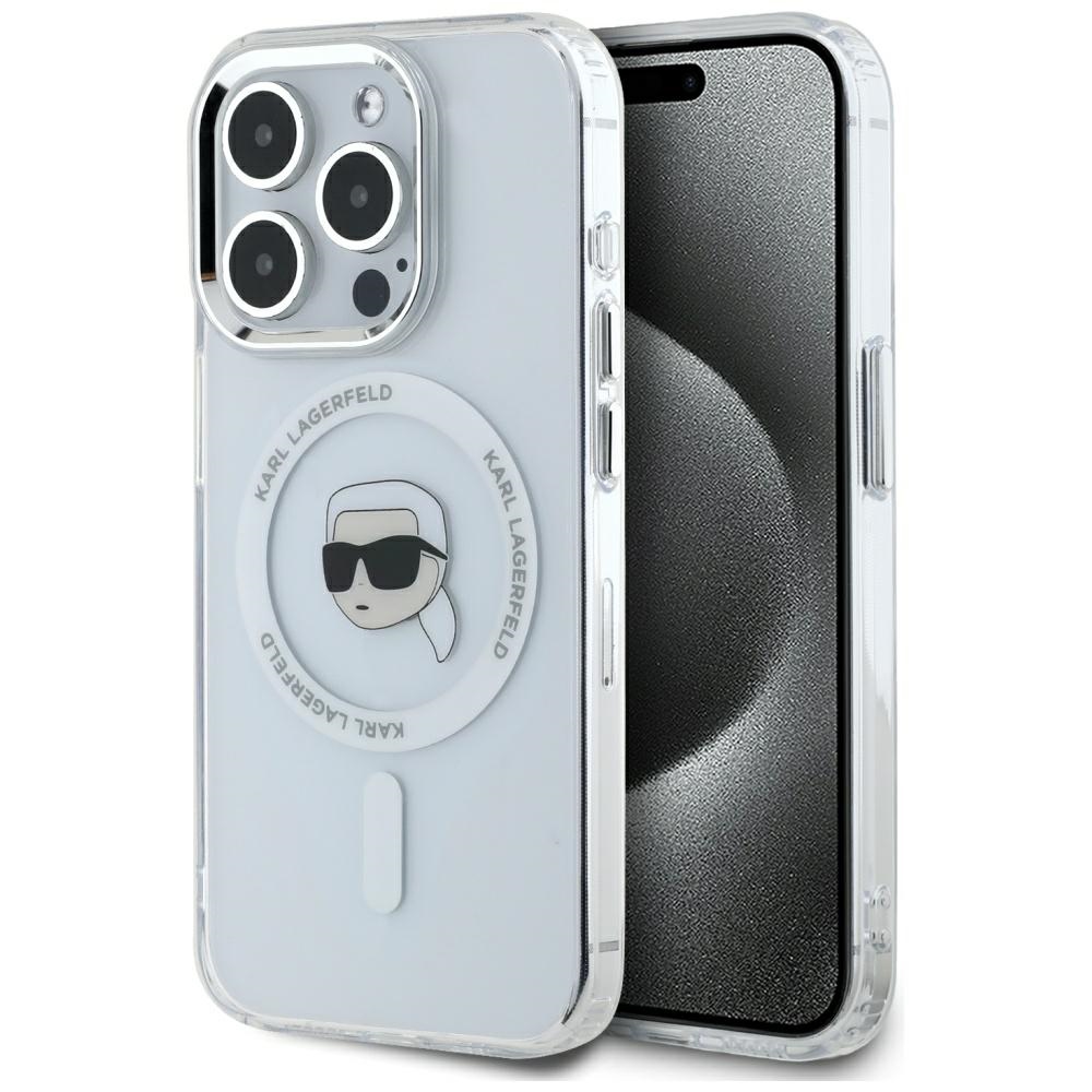Karl Lagerfeld IML Metal Karl Head MagSafe suojakuori iPhone 15 Pro Max:lle - valkoinen