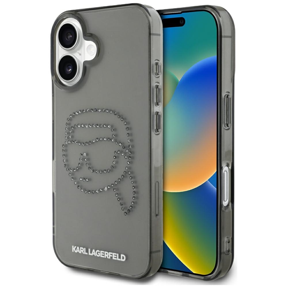 Karl Lagerfeld IML Rhinestones Karl Head suojakuori iPhone 16:lle - musta