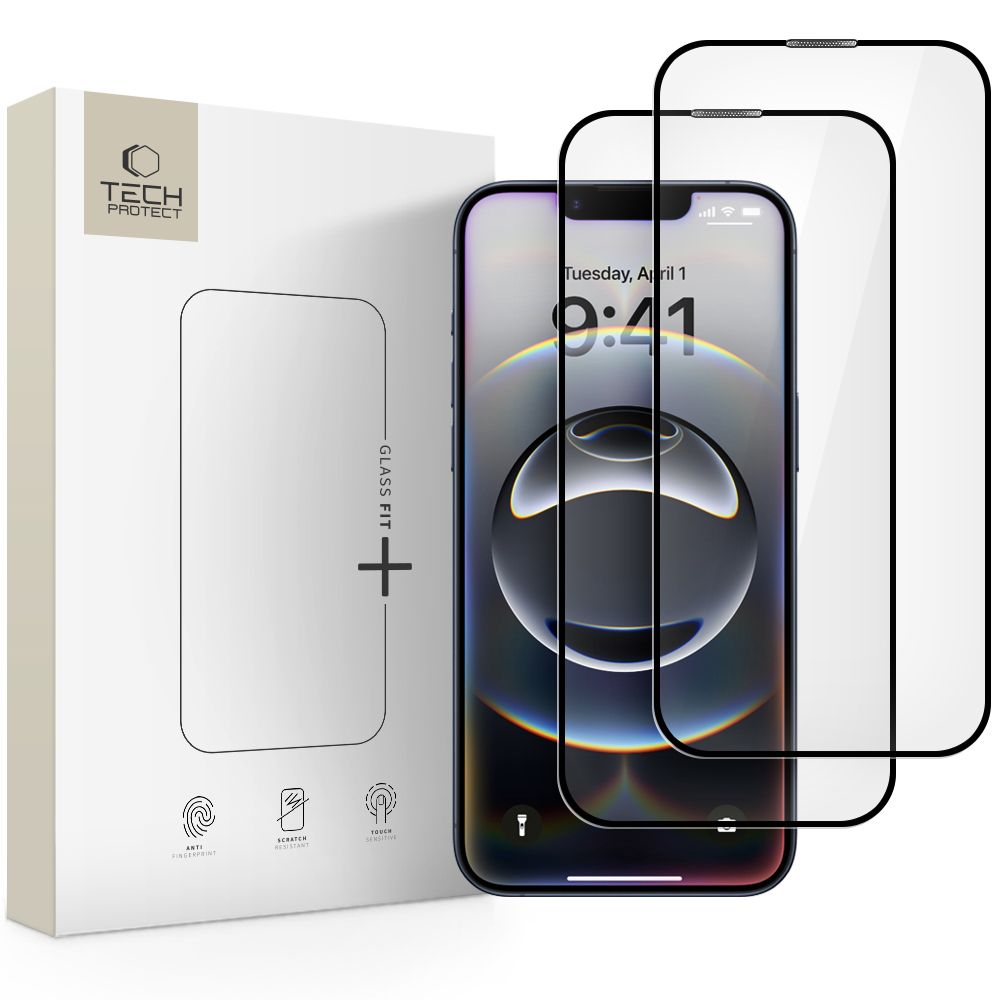 Tech-Protect Glass Fit+ 2-pack karkaistu lasi iPhone 17e / 16e / 14 / 13 Pro / 13:lle - musta