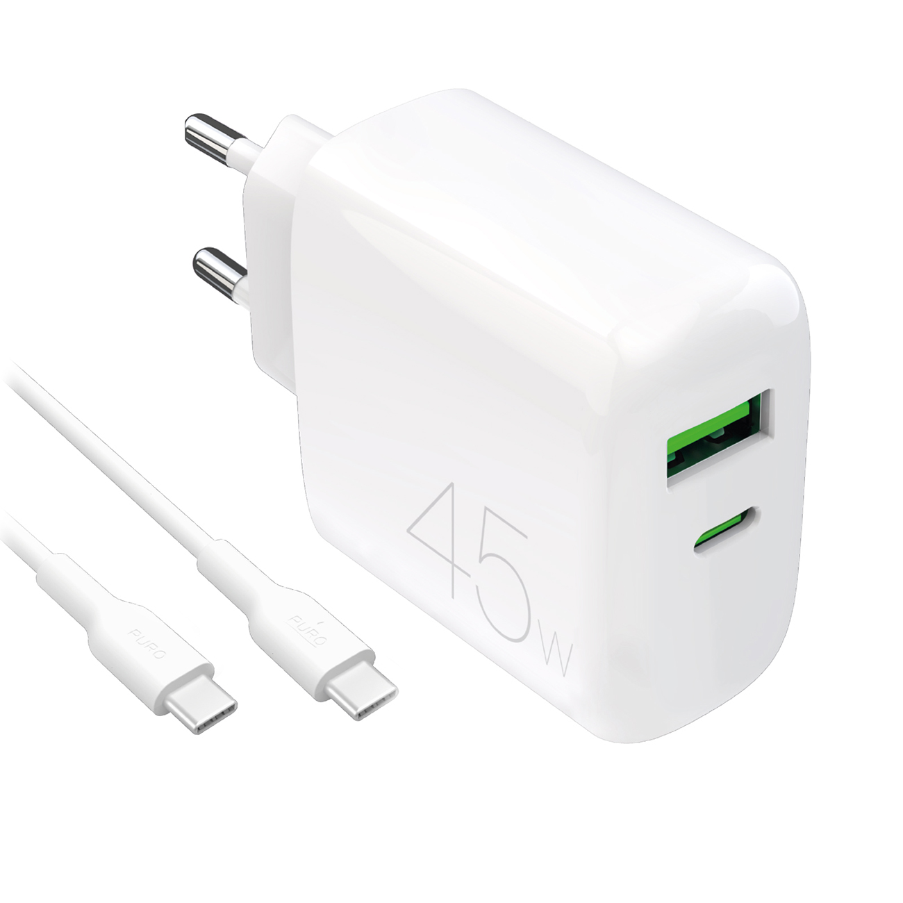 Puro Daily Prolite 45W USB-C USB-A Power Delivery laturi USB-C kaapelilla - Valkoinen
