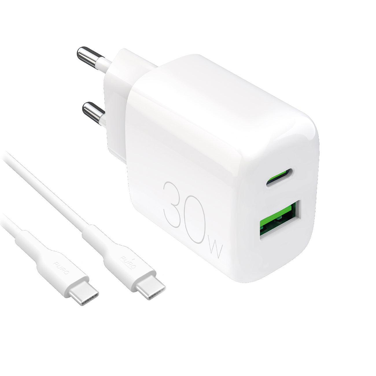 Puro PROLITE 30W USB-A / USB-C seinälaturi + USB-C - USB-C kaapeli 1.2m - Valkoinen
