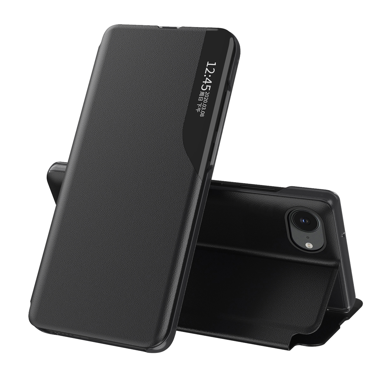 Eco Leather View Case, tyylikäs suojakuori läpällä ja jalustalla iPhone 16e / 17e:lle - musta