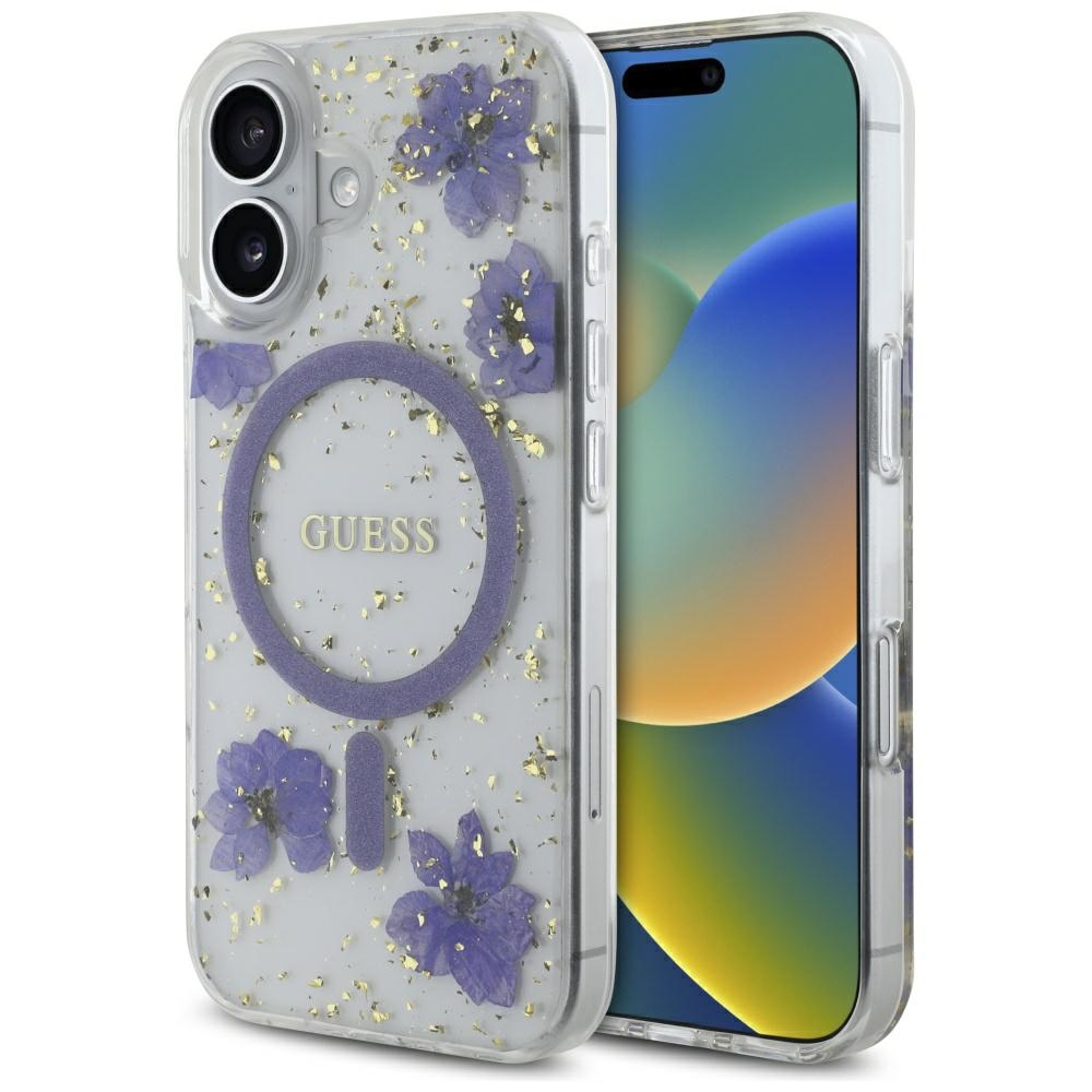 Guess Resin Flowers Glitter MagSafe Suojakuori iPhone 16:lle - Violetti