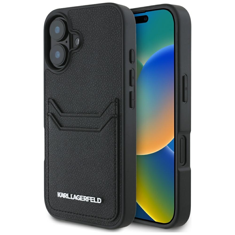 Karl Lagerfeld HC Grained PU Cardslot Metal Elong iPhone 16 Suojakuori - Musta