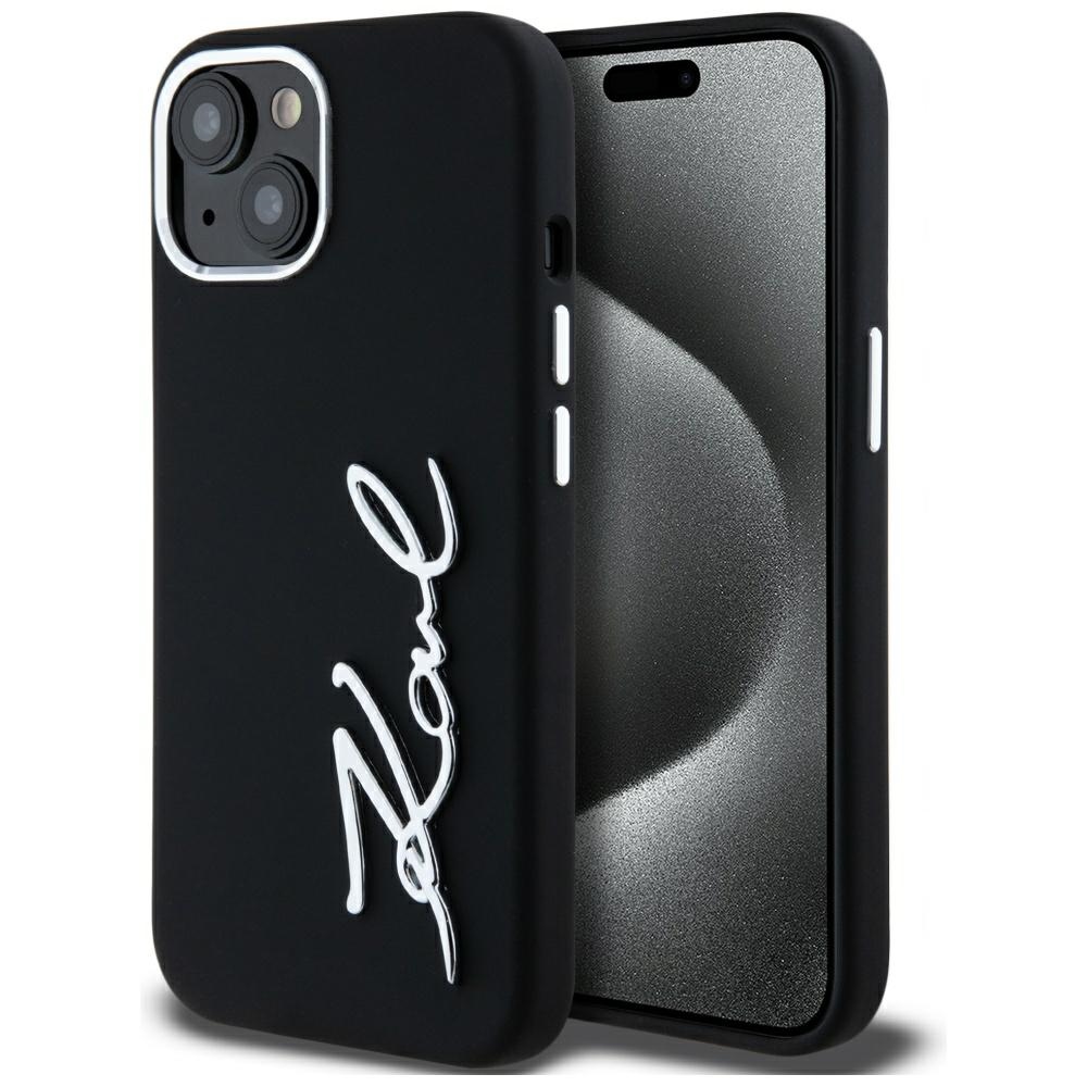 Karl Lagerfeld Silikoninen Metal Script Logo iPhone 15 Suojakuori - Musta