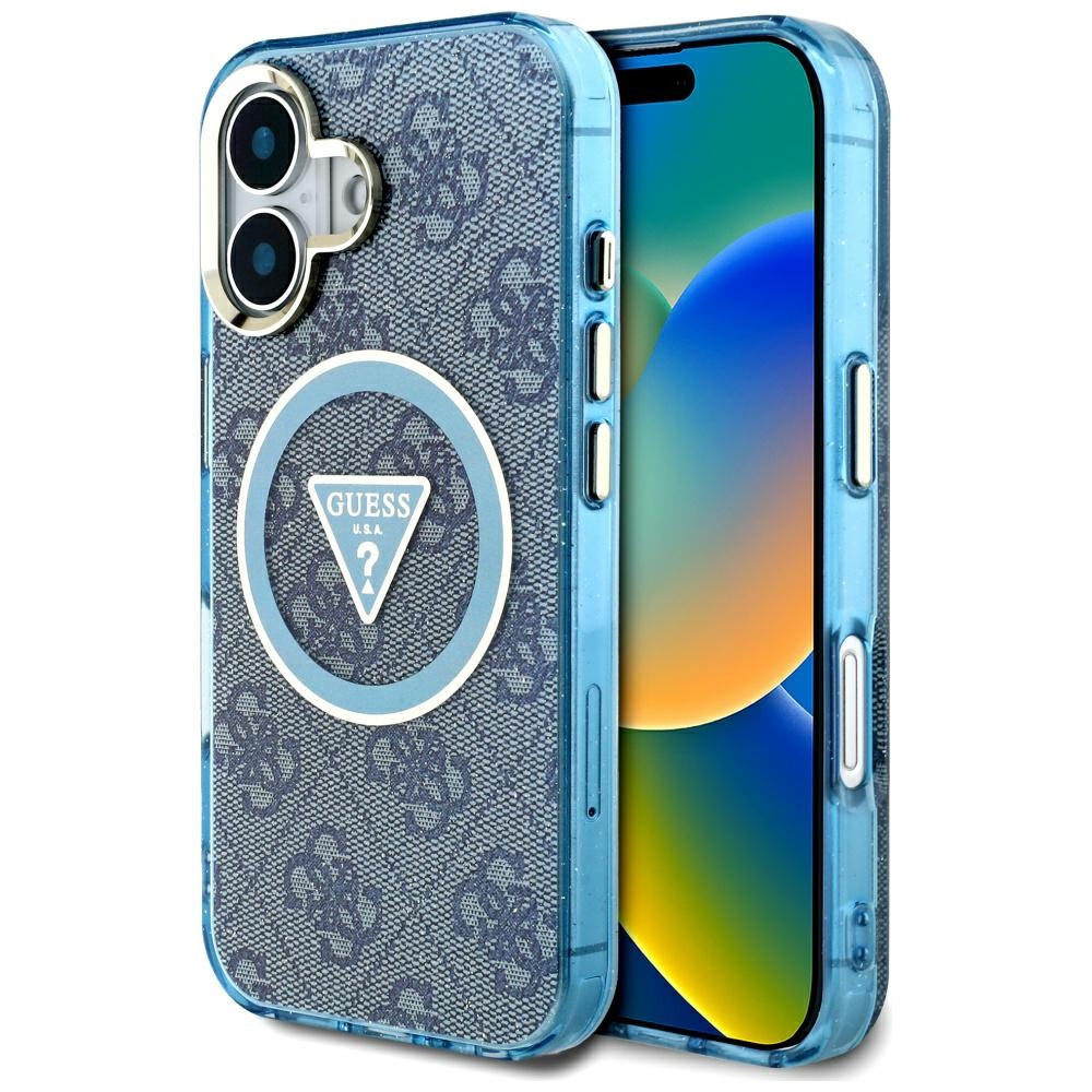 Guess IML Metal Glitter 4G Circle Triangle MagSafe Suojakuori iPhone 16:lle - Sininen