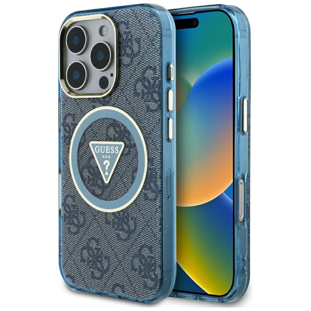 Guess IML Metal Glitter 4G Circle Triangle MagSafe Suojakuori iPhone 16 Pro Max:lle - Sininen